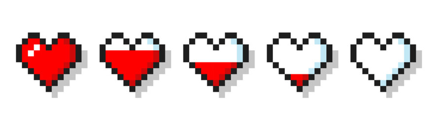 Pixel game life bar with heart for animation. Vector illustration.