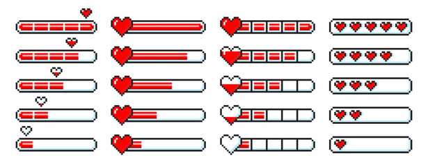 Pixel game life bar with heart for animation. 8-bit progress bar for game assets. Vector illustration.