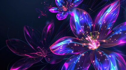 Poster - Shimmering, iridescent flowers bloom with neon brilliance against a dark background, their petals glowing with electric energy