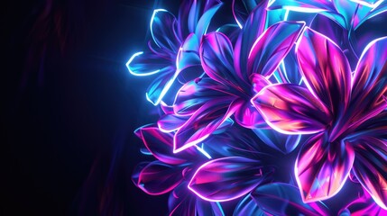 Poster - Glowing petals of digital flowers illuminate a dark background, creating a vibrant and surreal landscape