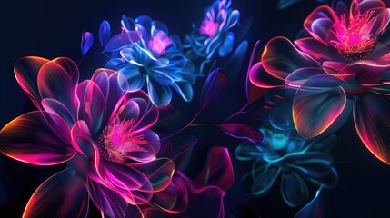 Poster - Vibrant, ethereal flowers glow with neon hues against a dark backdrop, creating a dreamy and surreal scene