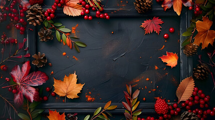 Wall Mural - autumn menu design with leaves frame on black background