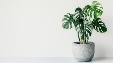 Clear photo of Monstera deliciosa in a gray pot against a white backdrop