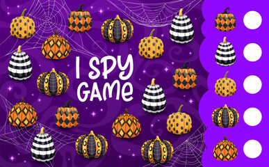 Aufkleber - I spy game, cobweb with Halloween patterned pumpkins. Object finding kids playing activity, counting educational puzzle vector worksheet with ornate geometrical patterns pumpkins and spiderweb