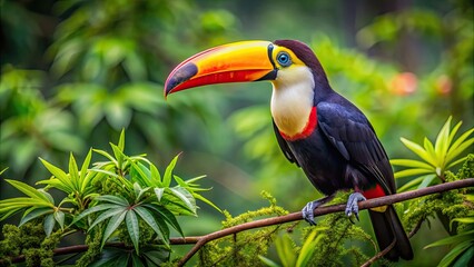 Toucan with large bill perched in treetops scanning for food, Toucan, large bill, treetops, scanning, food, nature, wildlife, colorful