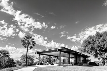 Modern tropical villa with glass walls and palm trees, black and white architectural photography under dramatic sky