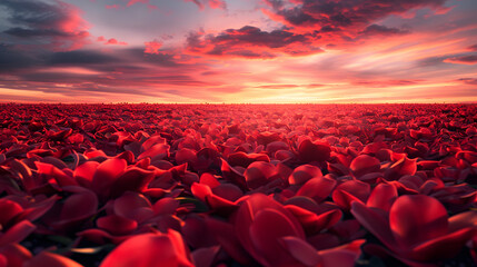 Sticker - A sea of vibrant red flower petals stretching to the horizon under a sunset sky