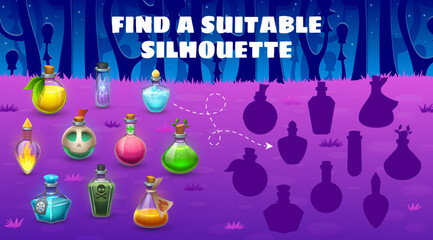 Poster - Find the correct silhouette of Halloween potion bottles kids quiz game vector worksheet. Halloween holiday trick or treat magic puzzle, matching game with cartoon potion and elixir glass flasks