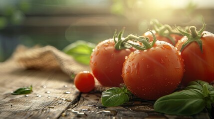 Wall Mural - Fresh tomatoes covered with dew on a rustic wood on a fuzzy background