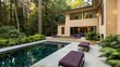 © Nairobi  - Modern beige house with a dark green pool, fern garden, and patio area featuring violet outdoor benches in a forest backdrop