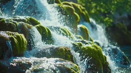 Wall Mural - A close-up view of a small waterfall flowing over moss-covered rocks.