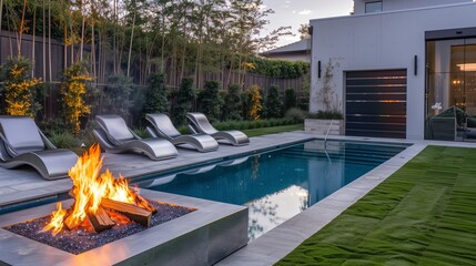 Modern luxury poolside bonfire party featuring silver pool chairs, a cozy fire pit, and a green lawn for a warm and stylish gathering.