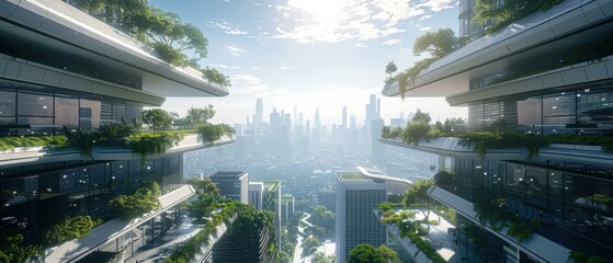 Poster - A futuristic city with green spaces integrated into the buildings. AI.