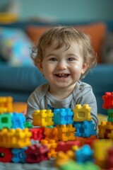 Wall Mural - A happy toddler playing with colorful building blocks. AI.