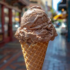 Sticker - Chocolate ice cream in a waffle cone. AI.