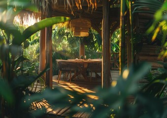 Poster - A wooden table and chairs sit in a tropical setting with lush green plants. AI.