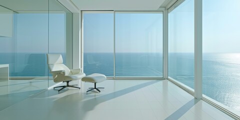 Sticker - A white chair and ottoman sit in front of a large window with an ocean view. AI.