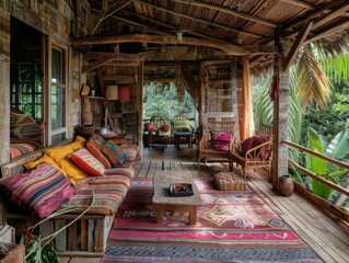 Poster - A cozy, rustic porch with colorful pillows and rugs. AI.