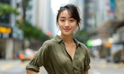 Sticker - A woman in a green shirt smiles at the camera. AI.