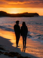 Canvas Print - A couple silhouetted against the setting sun on a beach. AI.