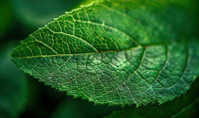 Canvas Print - A close-up of a green leaf with visible veins. AI.