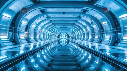 Poster - A futuristic tunnel with a reflective floor. AI.