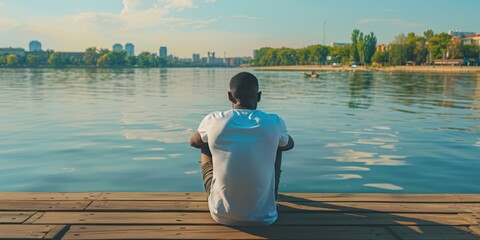 Sticker - A man sits on a dock overlooking a lake. AI.