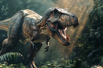 Poster - Tyrannosaurus rex dinosaurs in a lush jungle