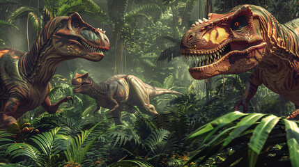 Poster - Tyrannosaurus rex dinosaurs in a lush jungle