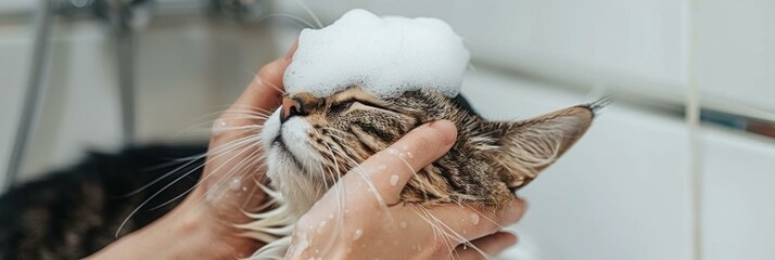 Wall Mural - A cat is being washed with soap and water. AI.