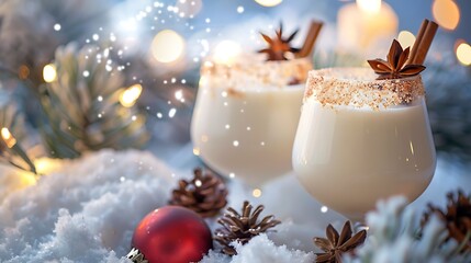 Winter holiday home made creamy cocktail white milky liquer or eggnog on snow with decorations