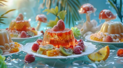 Canvas Print - A colorful and tempting dessert made with gelatin, fresh fruit and powdered sugar. AI.