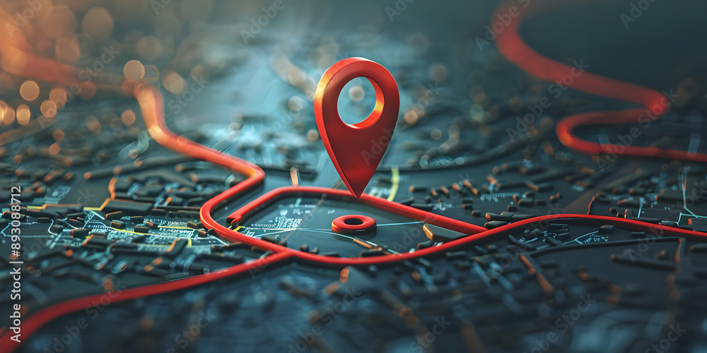 A digital map with a red location pin highlighting a specific area. Illustrated map navigation concept with depth of field effect.