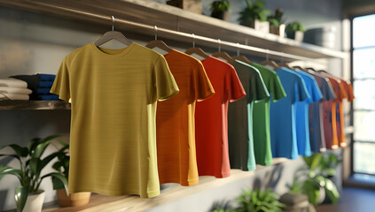 Row of colorful t-shirts hanging in a well-lit room with plants and neatly folded clothes on a shelf, perfect for a casual wear concept.