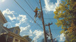 © WARIS ALI - A crew of workers in working on power lines in a residential neighborhood. The scene includes utility poles, power lines, and a backdrop of houses and trees