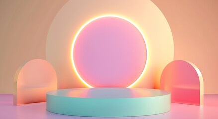 Poster - A minimalist 3D rendering of a pastelcolored platform illuminated by a glowing circle