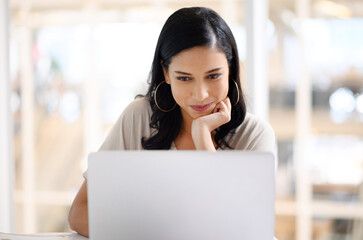Poster - Business, woman and research on laptop in office for email feedback, communication or networking. Digital designer, employee and happy for online content review and social media marketing campaign