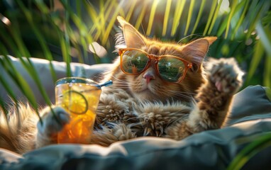 Relaxed cat with sunglasses lounges on cushion, holding a refreshing drink with lemon slice, surrounded by sunlight and greenery.