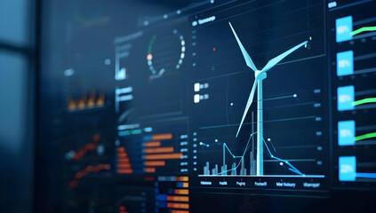 digital dashboard with wind turbine and data analytics, showcasing renewable energy statistics and m