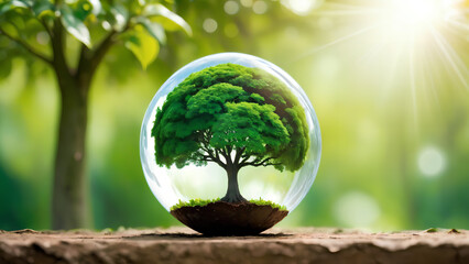 Globe ball with tree growing and green nature blur background