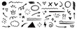 © Polina Tomtosova - Line shape marker underline, arrow, heart brush element set. Hand drawn sketch marker underline shape, arrow, heart scribble brush pen stroke element. Crown, love graphic icon. Vector illustration