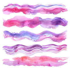 Poster - Set of pink and purple swashes, watercolor wave paint abstract border frame for design layout, isolated on a transparent background