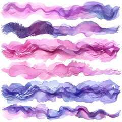 Poster - Set of pink and purple swashes, watercolor wave paint abstract border frame for design layout, isolated on a transparent background
