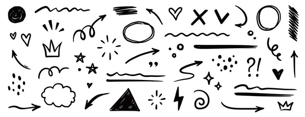 Aufkleber - Line shape marker underline, arrow, heart brush element set. Hand drawn sketch marker underline shape, arrow, heart scribble brush pen stroke element. Crown, love graphic icon. Vector illustration