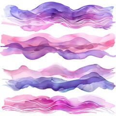 Poster - Set of pink and purple swashes, watercolor wave paint abstract border frame for design layout, isolated on a transparent background