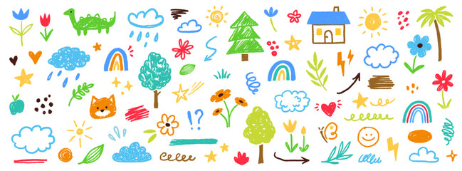 Aufkleber - Cute kid flower, cloud, summer illustration. Hand drawn doodle sketch children cute vector school chalk background. Kids doodle crayon style line flower, cloud doodle pattern. Vector illustration