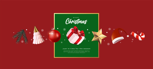 Wall Mural - merry christmas sign banner green frame with elements of festive decoration on red background