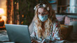 © Ala - A Night of Work: Businesswoman in Pajamas Uses Laptop Under the Glow of a Lamp