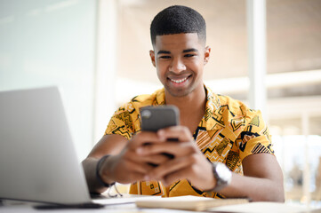 Poster - Happy, laptop or phone for fashion designer communication in ecommerce, online shop or store app. African person, stylist or technology for product price research, sourcing or creative vision ideas