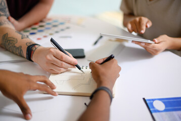 Aufkleber - Business people, hands and drawing with book for interior design, layout or ideas at office. Closeup of employees discussing blueprint for architecture, building project or renovation at workplace